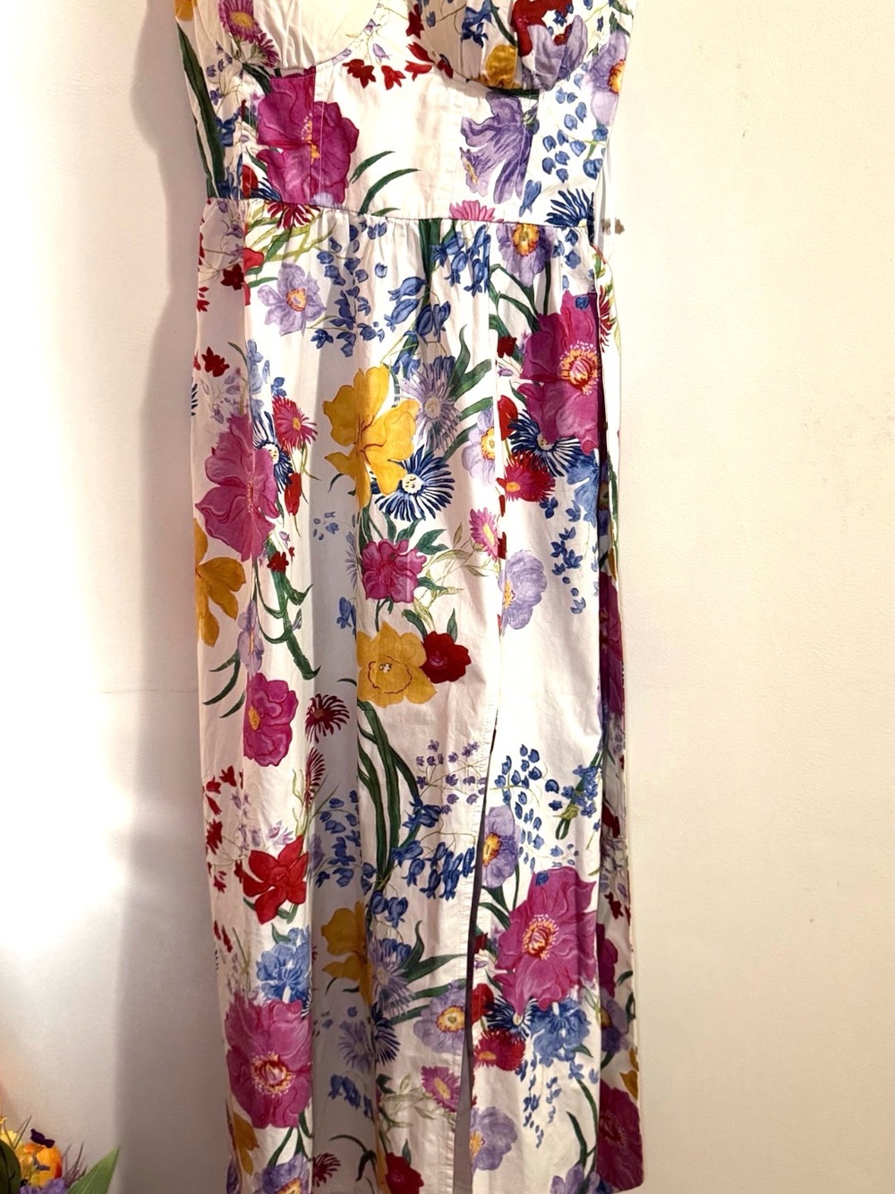 Fashion Nova White Maxi Skirt with Pink, Yellow, Blue & Purple Florals